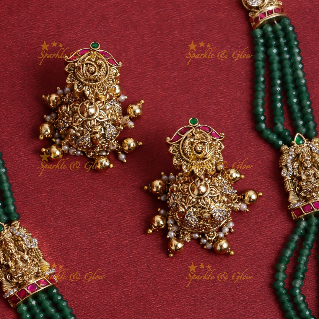Elegant Lakshmi Peacock pendant carved Jadau Green beads Haram