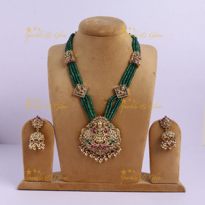 Elegant Lakshmi Peacock pendant carved Jadau Green beads Haram