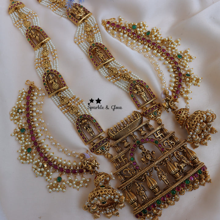 Grand Krishna Temple design pendant haram with multi layered mintgreen beads chain