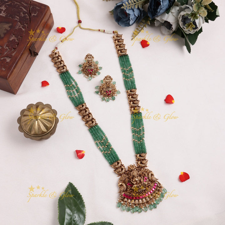 Grand Idol Lakshmi Ganesha pendant carved Jadau Mintgreen beaded layered Haram