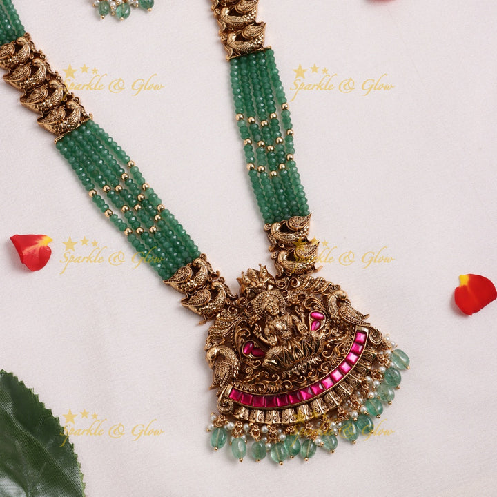 Grand Idol Lakshmi Ganesha pendant carved Jadau Mintgreen beaded layered Haram