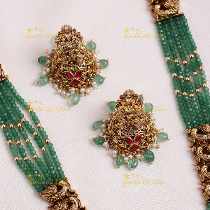 Grand Idol Lakshmi Ganesha pendant carved Jadau Mintgreen beaded layered Haram