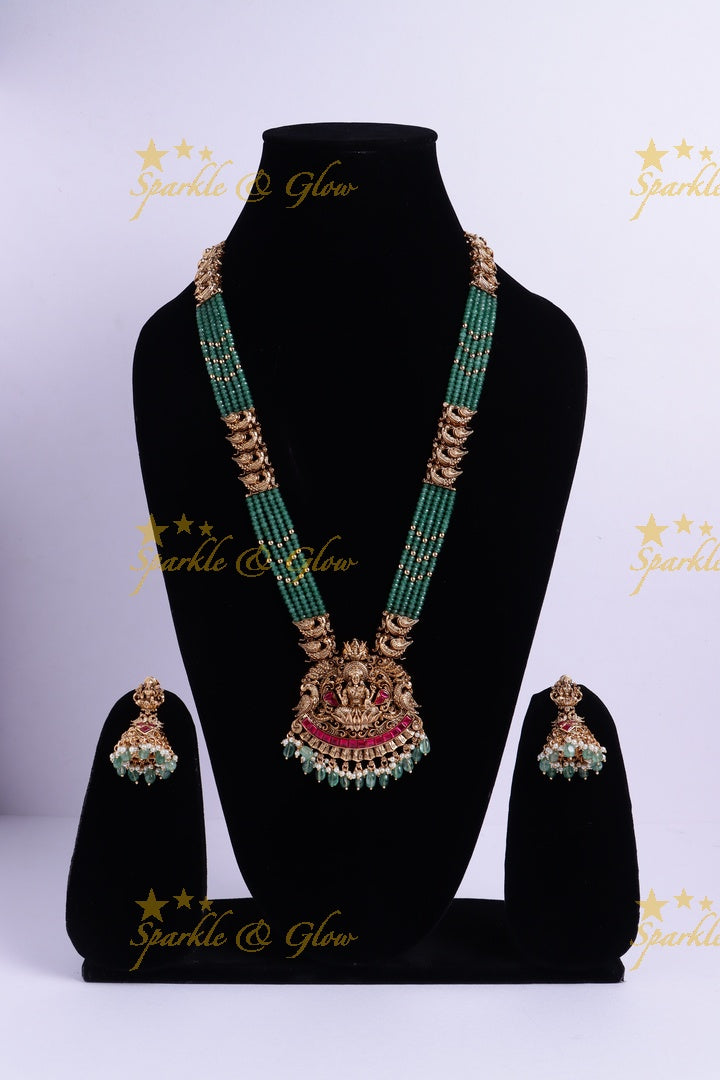Grand Idol Lakshmi Ganesha pendant carved Jadau Mintgreen beaded layered Haram