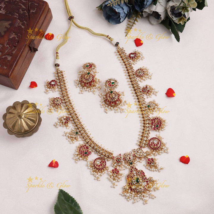 Nita Ambani inspired Stunning Peacock Floral Mango carved rice pearl guttapusalu long necklace