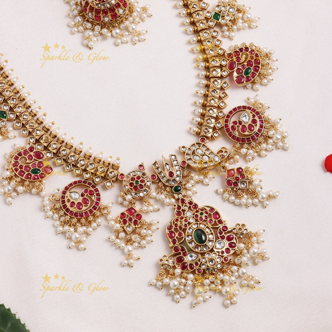 Nita Ambani inspired Stunning Peacock Floral Mango carved rice pearl guttapusalu long necklace