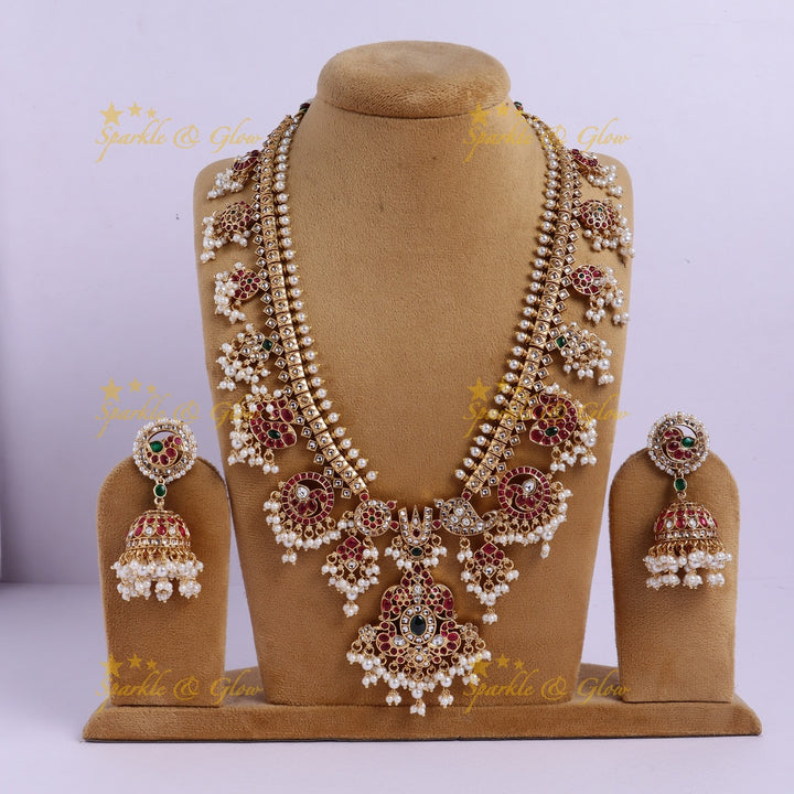 Nita Ambani inspired Stunning Peacock Floral Mango carved rice pearl guttapusalu long necklace