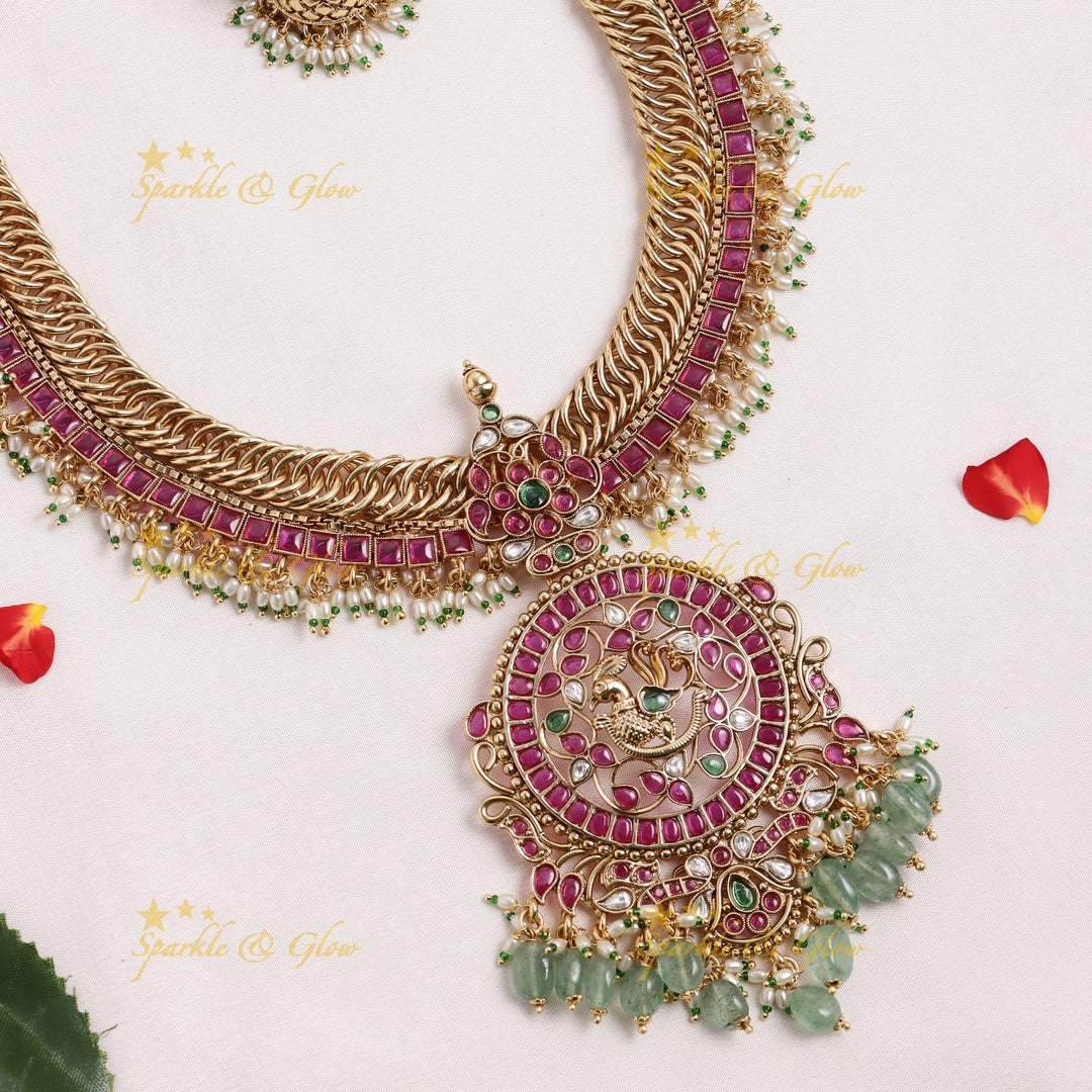 Grand Peacock Floral pendant carved jalebi design Kemp Haram