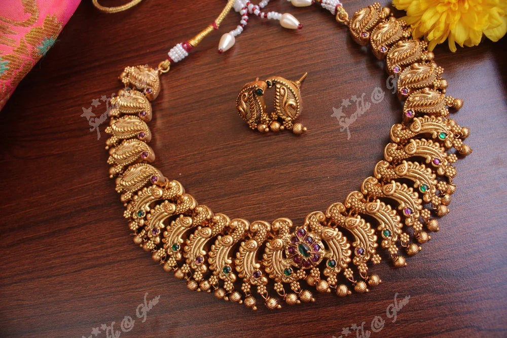 Gold alike polished antque peacock necklace with kemp stones - Multi - Sparkle and Glow