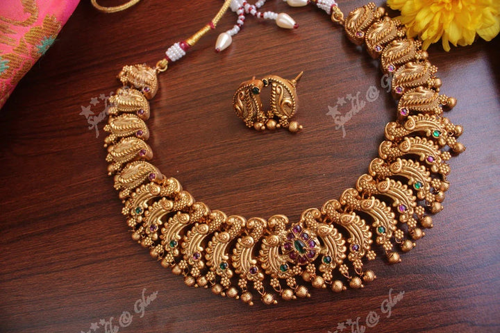 Gold alike polished antque peacock necklace with kemp stones - Multi - Sparkle and Glow