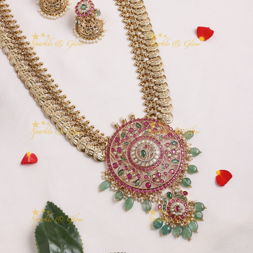 Stunning Kemp Floral pendant carved Coin Haram with Mintgreen beads