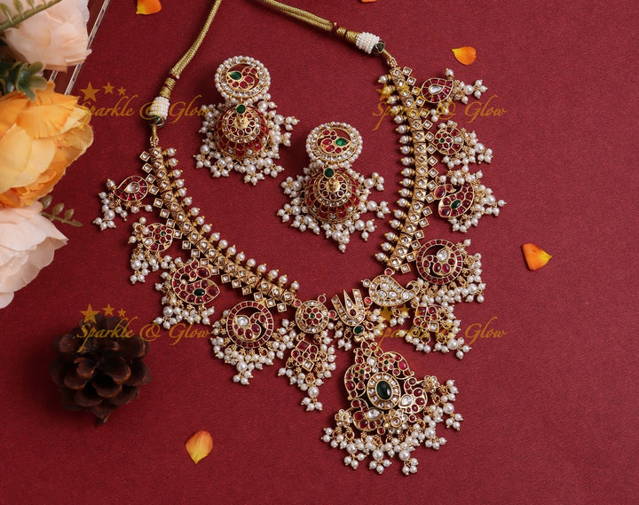 Nita Ambani inspired Stunning Peacock Floral Mango carved rice pearl guttapusalu short necklace