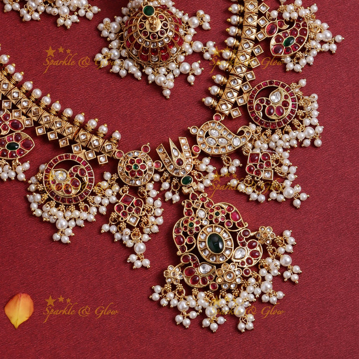 Nita Ambani inspired Stunning Peacock Floral Mango carved rice pearl guttapusalu short necklace