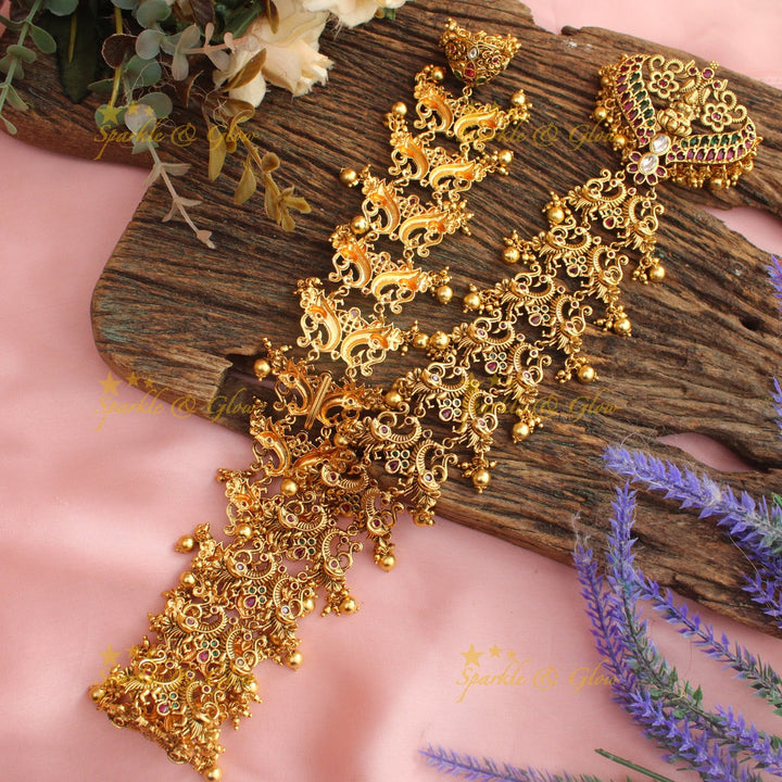Antique Gold alike Lakshmi Peacock carved bridal Jadabilla with Kemp Stones