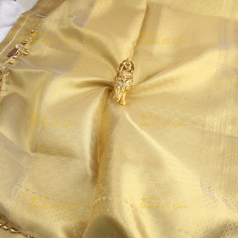 Antique Banarasi golden Tissue Soft Silk Saree with Subtle Self - Weave & Beaded Lace Border - Sparkle and Glow - 