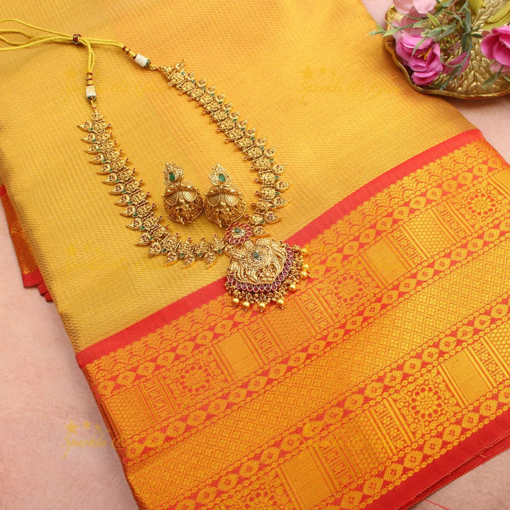 Mustard Yellow Kanjivaram Silk Saree with Red Zari Border & Temple Motifs - Sparkle and Glow - 