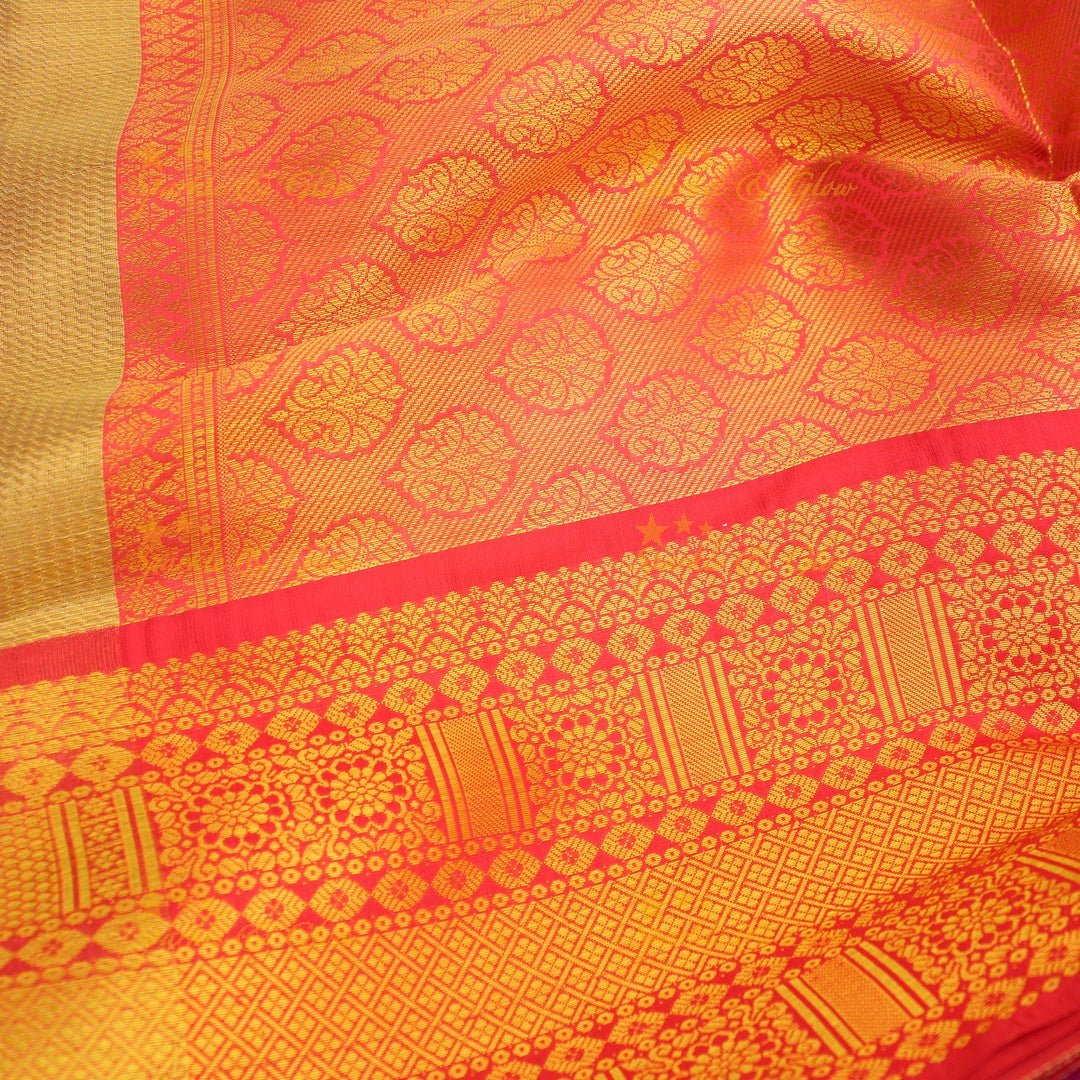 Mustard Yellow Kanjivaram Silk Saree with Red Zari Border & Temple Motifs - Sparkle and Glow - 