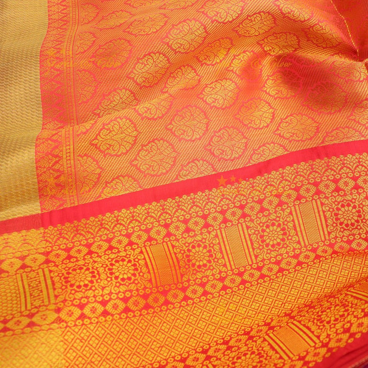 Mustard Yellow Kanjivaram Silk Saree with Red Zari Border & Temple Motifs - Sparkle and Glow - 