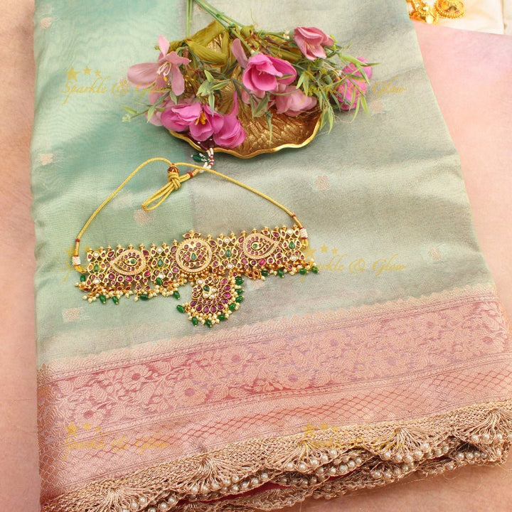 Pastel Green banarasi Katan Soft Silk Saree with Pink Zari Floral Border & Pearl Lace Finish - Sparkle and Glow - 