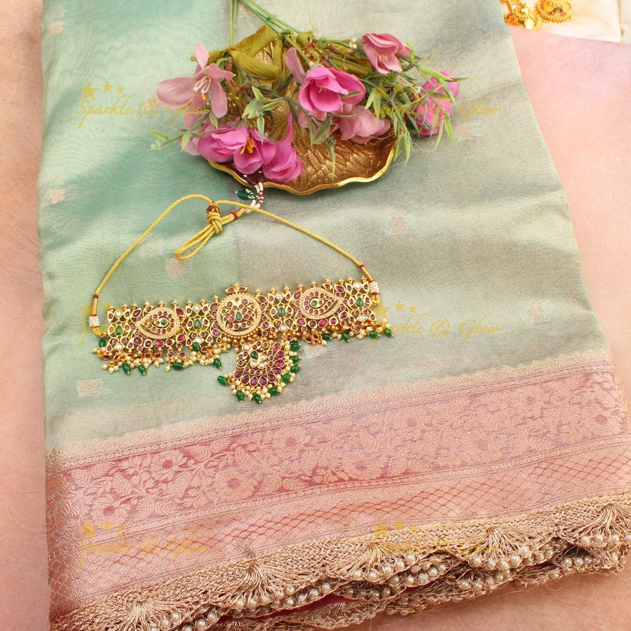 Pastel Green banarasi Katan Soft Silk Saree with Pink Zari Floral Border & Pearl Lace Finish - Sparkle and Glow - 