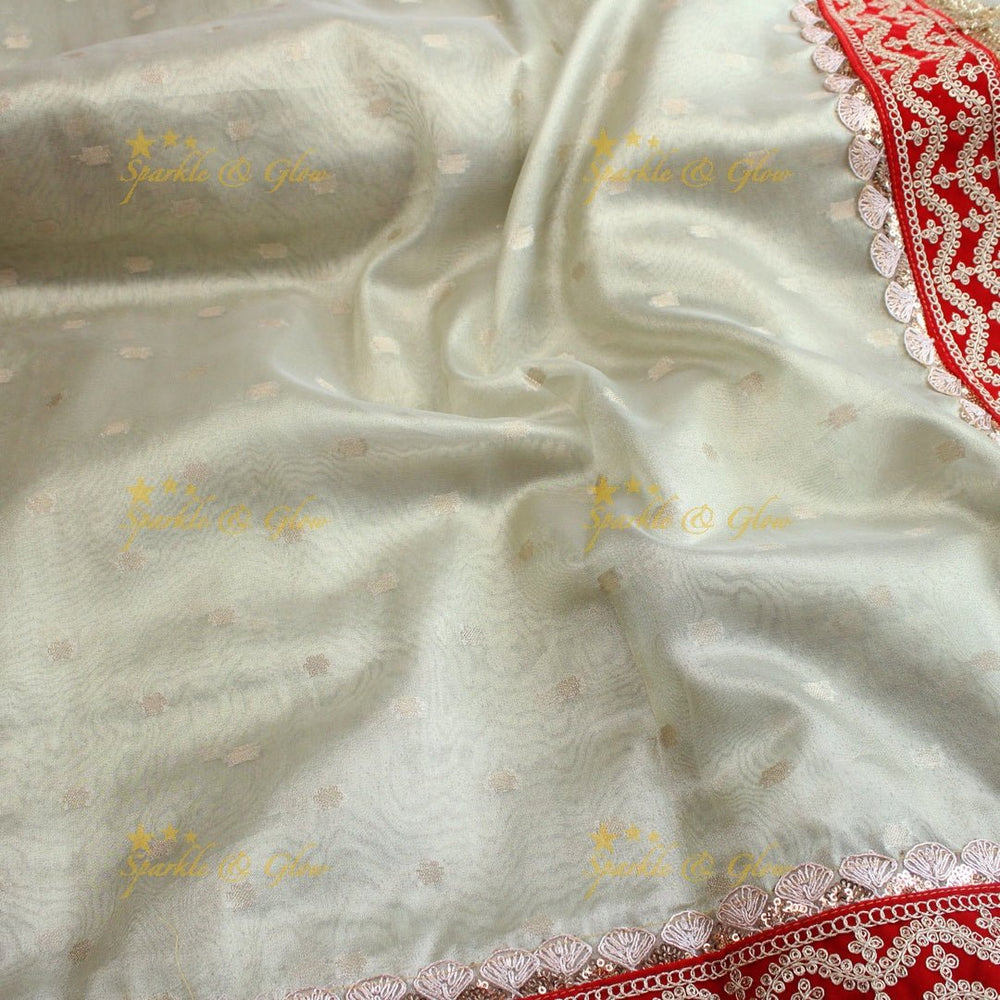 Mint Green Banarasi Soft Silk Saree with Embroidered Red Velvet Border & Golden Tassels - Sparkle and Glow - 