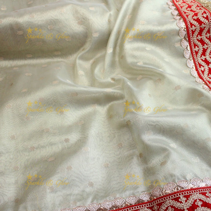 Mint Green Banarasi Soft Silk Saree with Embroidered Red Velvet Border & Golden Tassels - Sparkle and Glow - 