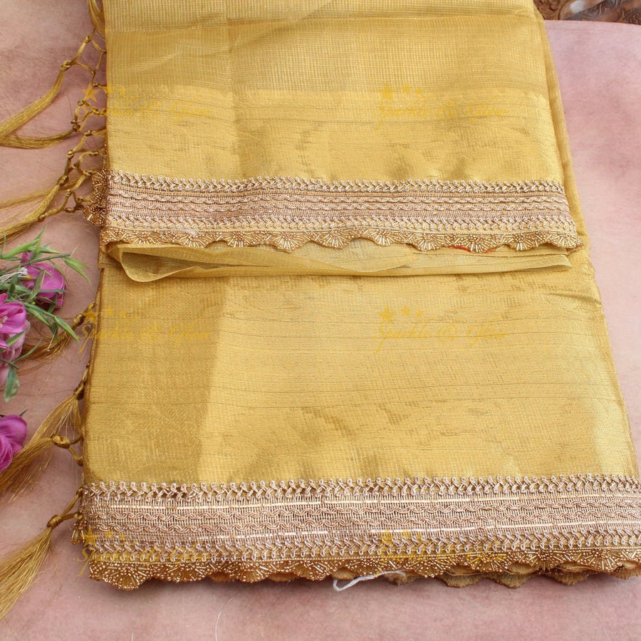 Mustard Banarasi Golden Soft Silk Saree with Subtle Texture & Elegant Embroidered Lace Border - Sparkle and Glow - 