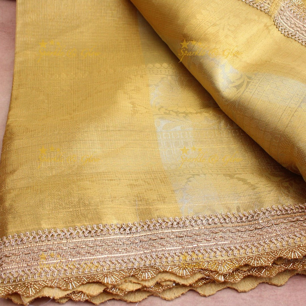 Mustard Banarasi Golden Soft Silk Saree with Subtle Texture & Elegant Embroidered Lace Border - Sparkle and Glow - 