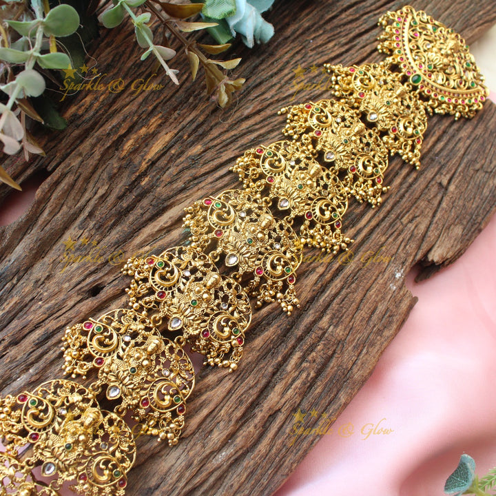 Antique Gold alike Lakshmi Peacock carved Jadabilla with Kemp stones and Pearl Detailing
