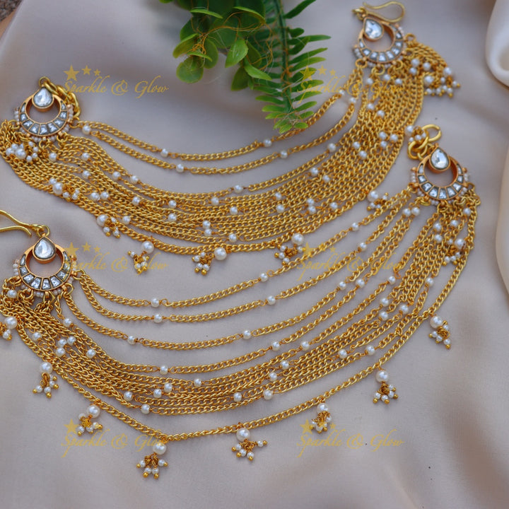 Traditional Gold alike Kundan Layered Earchain with Pearl Detailing