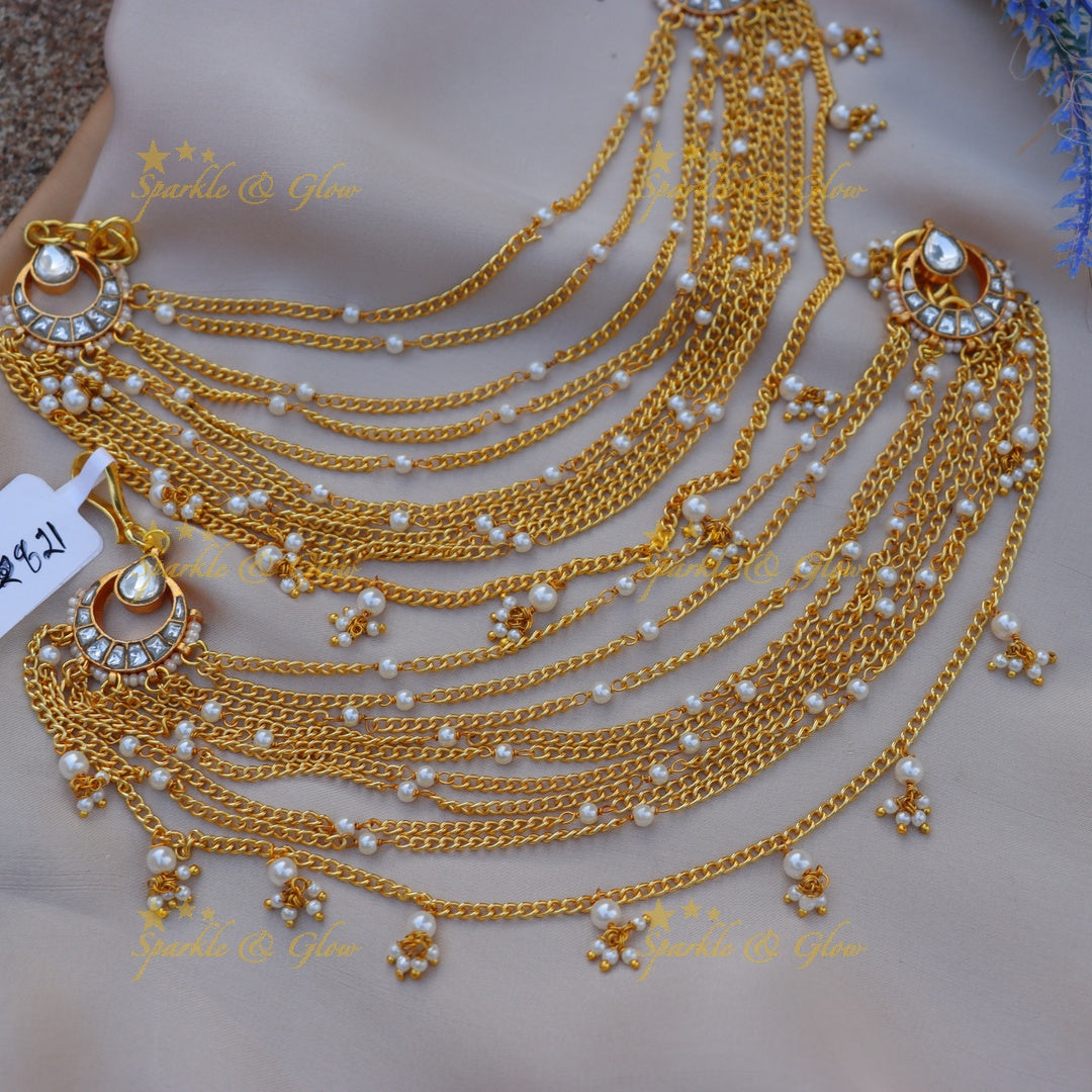 Traditional Gold alike Kundan Layered Earchain with Pearl Detailing