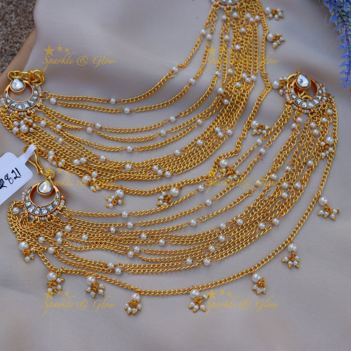 Traditional Gold alike Kundan Layered Earchain with Pearl Detailing