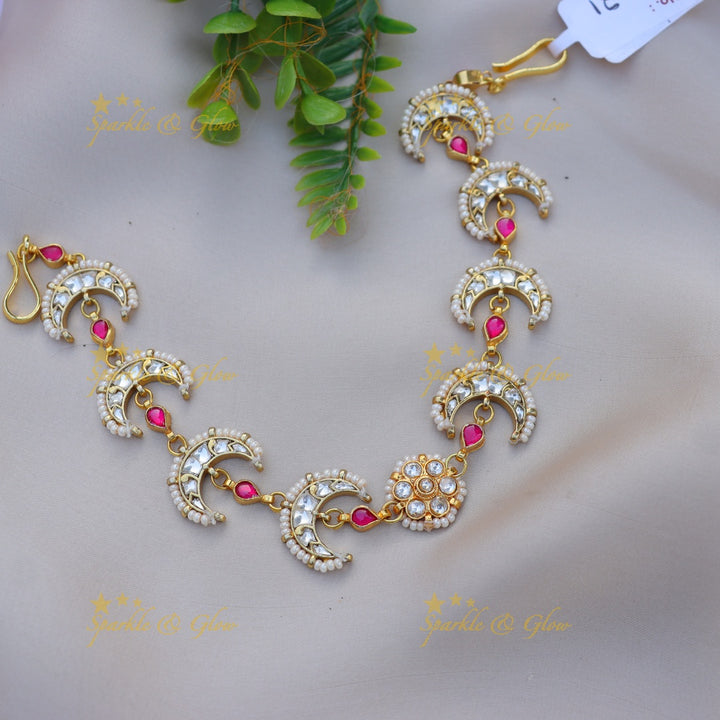 Stunning Pearl-Crescent Sheeshphool with Kundan and Pink Stone Accents