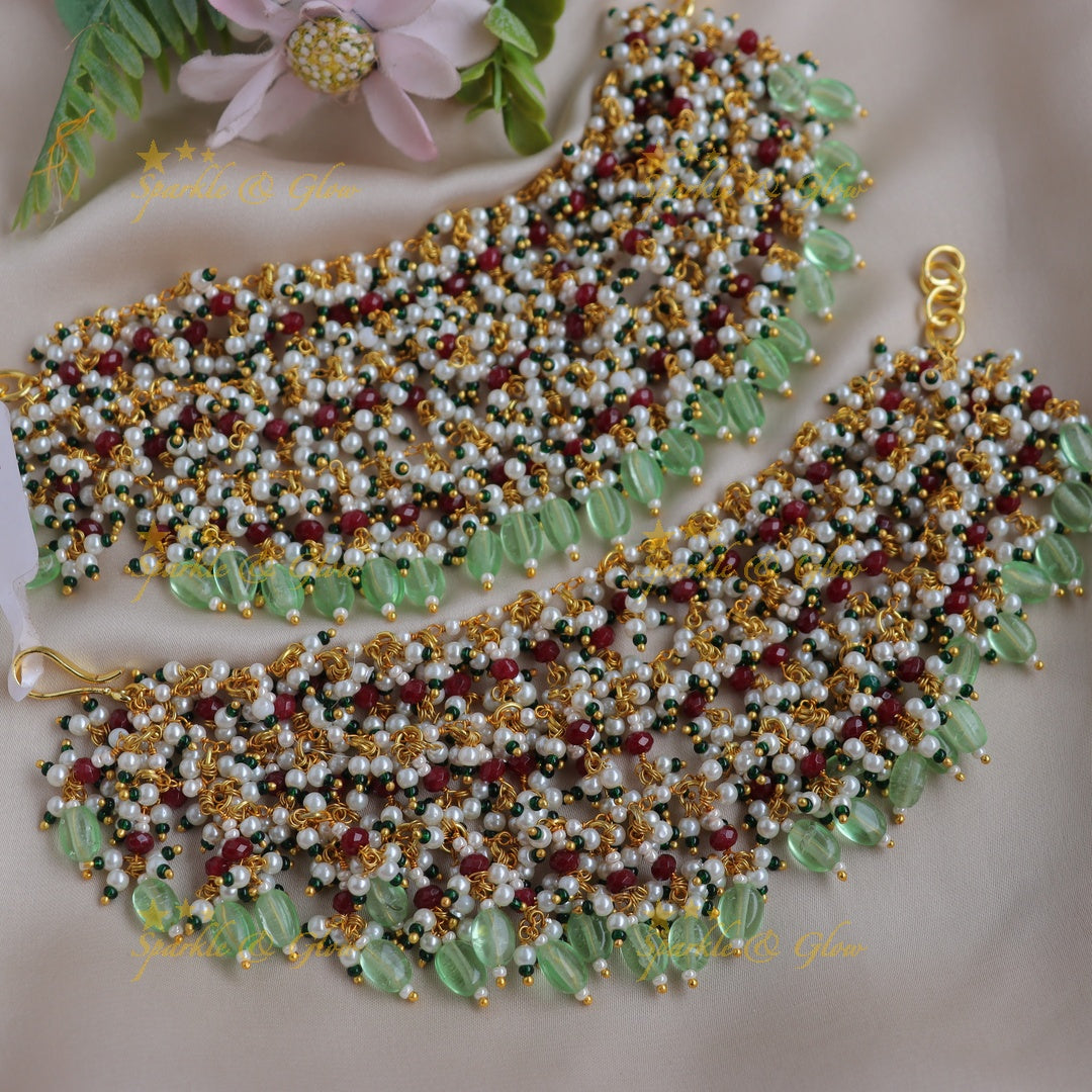 Stunning Three layered Earchain with Cluster beads and Mintgreen beads