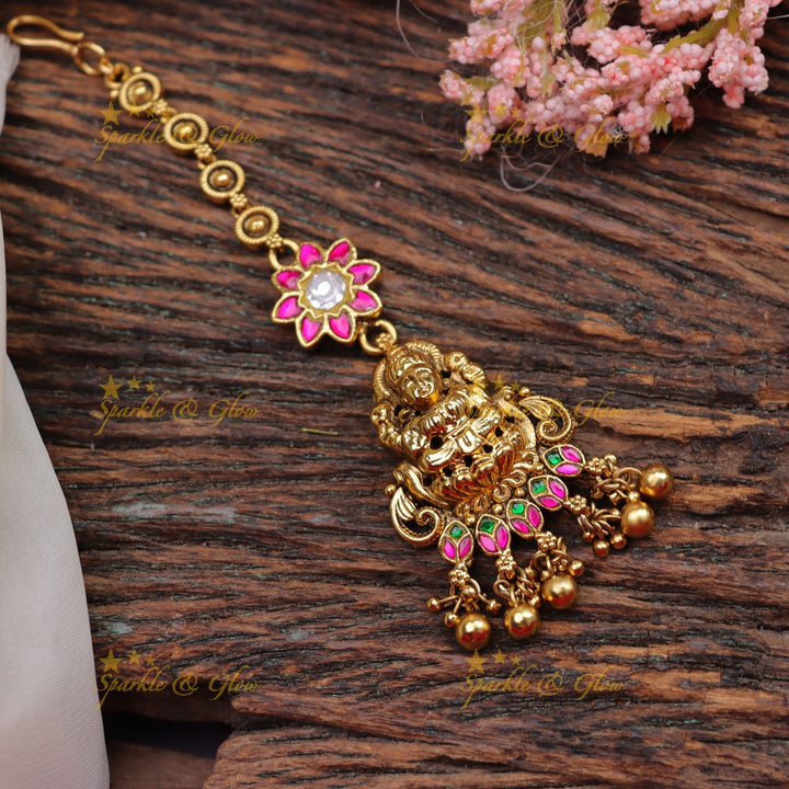 Stunning Jadau Antique Temple Maang Tikka with Goddess Lakshmi Design
