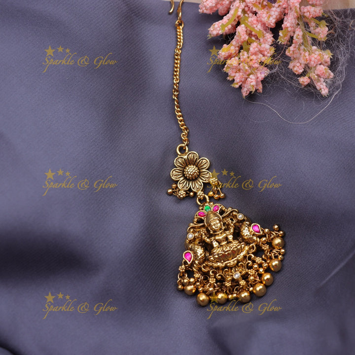 Stunning Antique Jadau Gold alike Temple Maang Tikka with Floral & Lakshmi Motif
