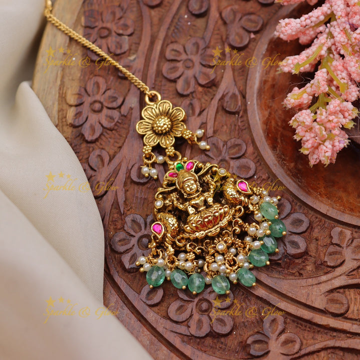 Stunning Antique Jadau Gold alike Temple Maang Tikka with Floral & Lakshmi Motif
