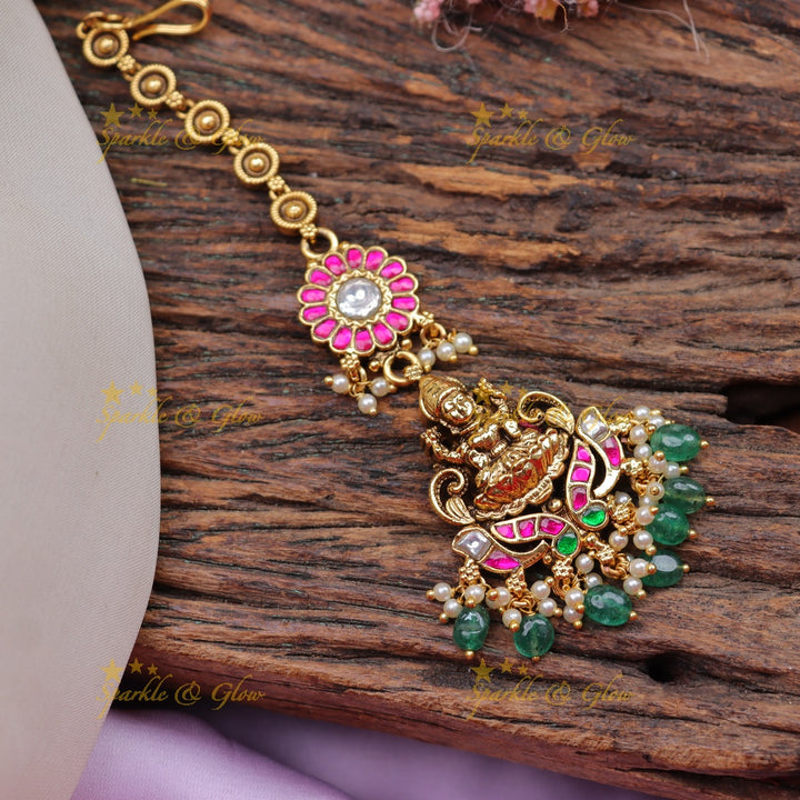Stunning Temple Maang Tikka with Lakshmi Pendant & Emerald Beads