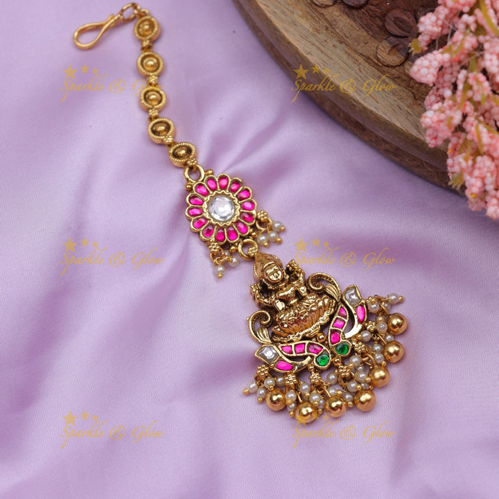 Stunning Temple Maang Tikka with Lakshmi Pendant & Emerald Beads