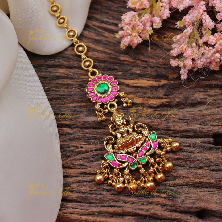 Stunning Temple Maang Tikka with Lakshmi Pendant & Emerald Beads