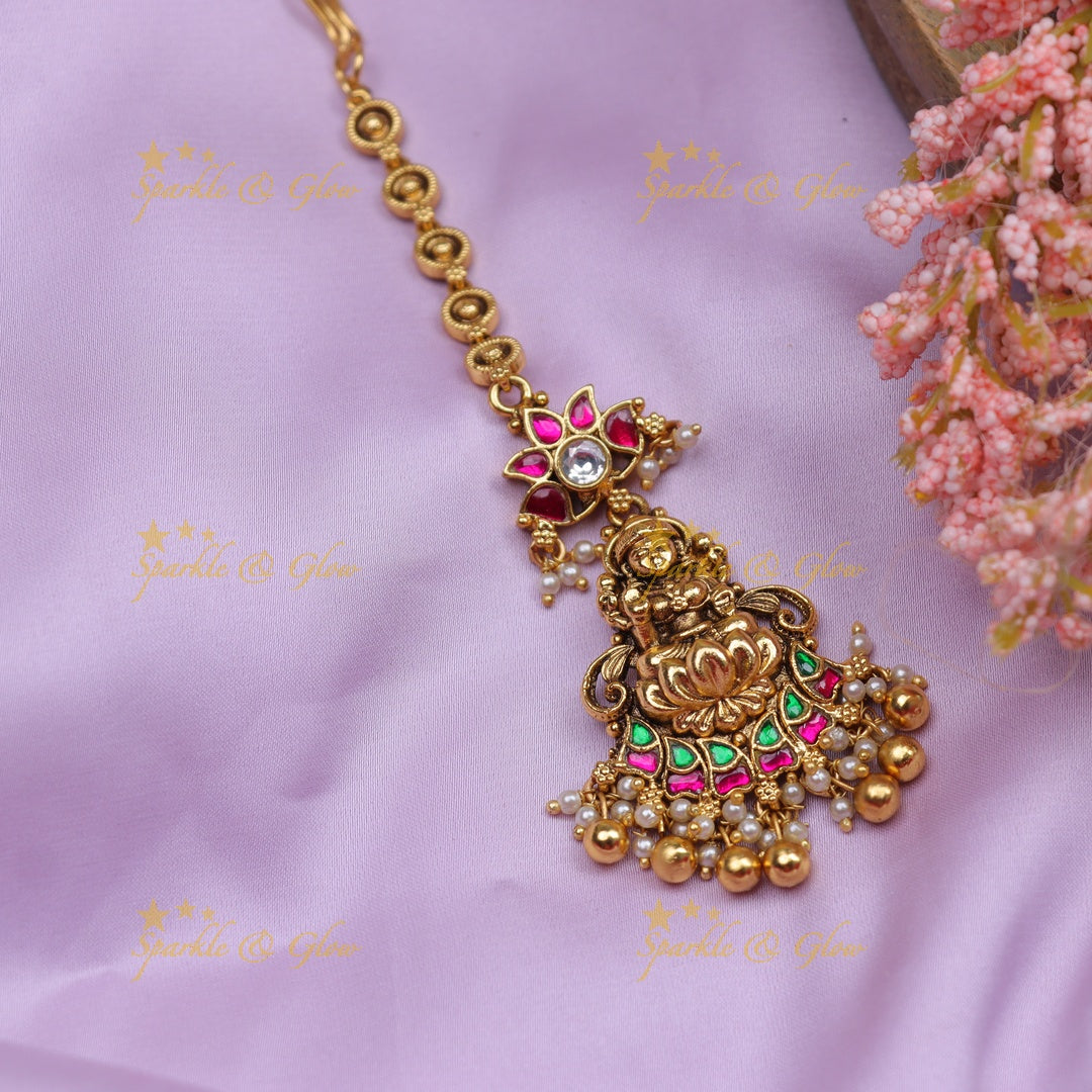 Stunning Idol Lakshmi Lotus Floral carved Jadau Kundan Maang tikka