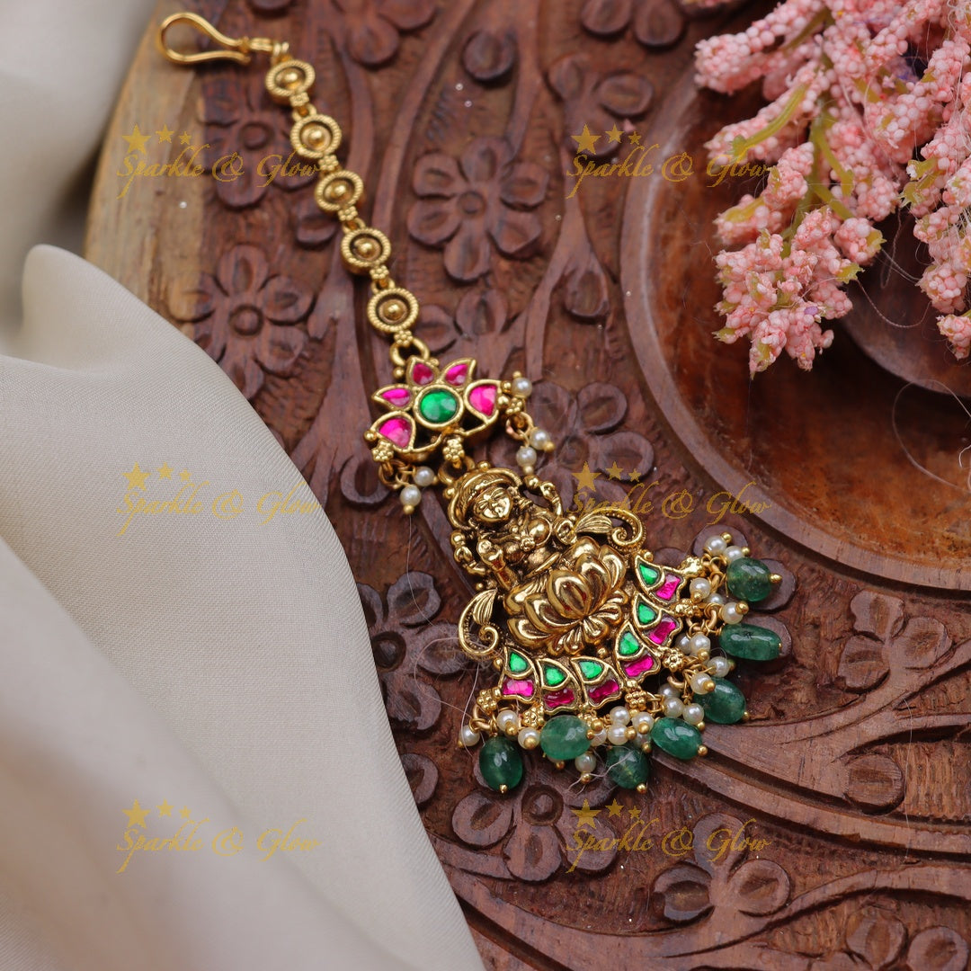 Stunning Jadau Kundan Temple Maang Tikka with Lakshmi Pendant & Enamel Lotus Design