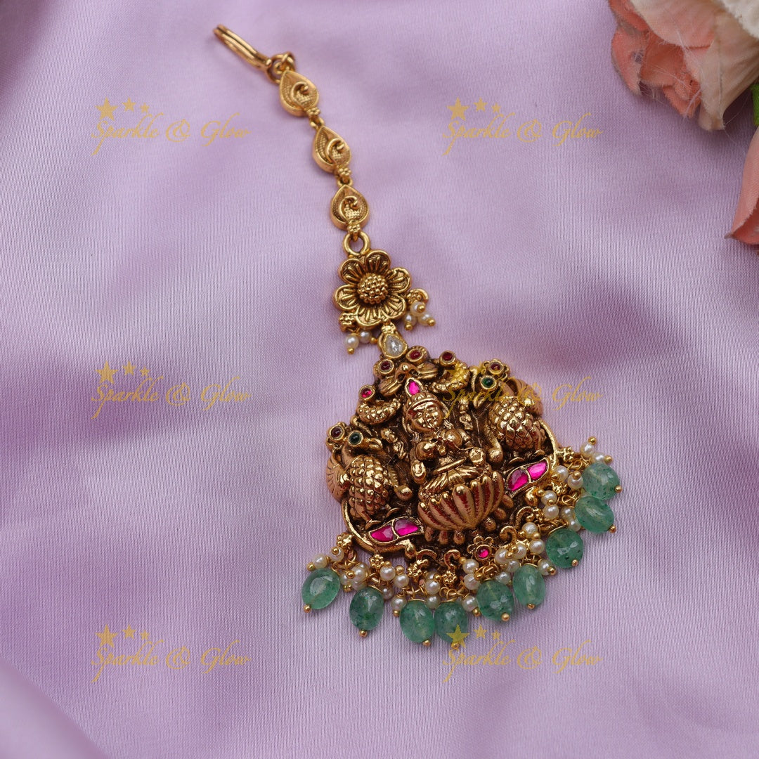 Antique Jadau Kundan Temple Maang Tikka with Peacock & Lakshmi Design