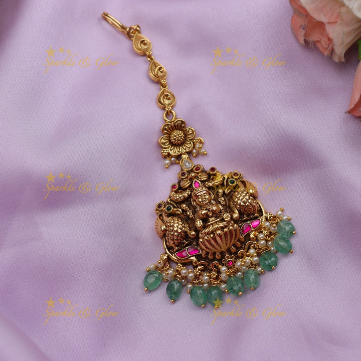 Antique Jadau Kundan Temple Maang Tikka with Peacock & Lakshmi Design