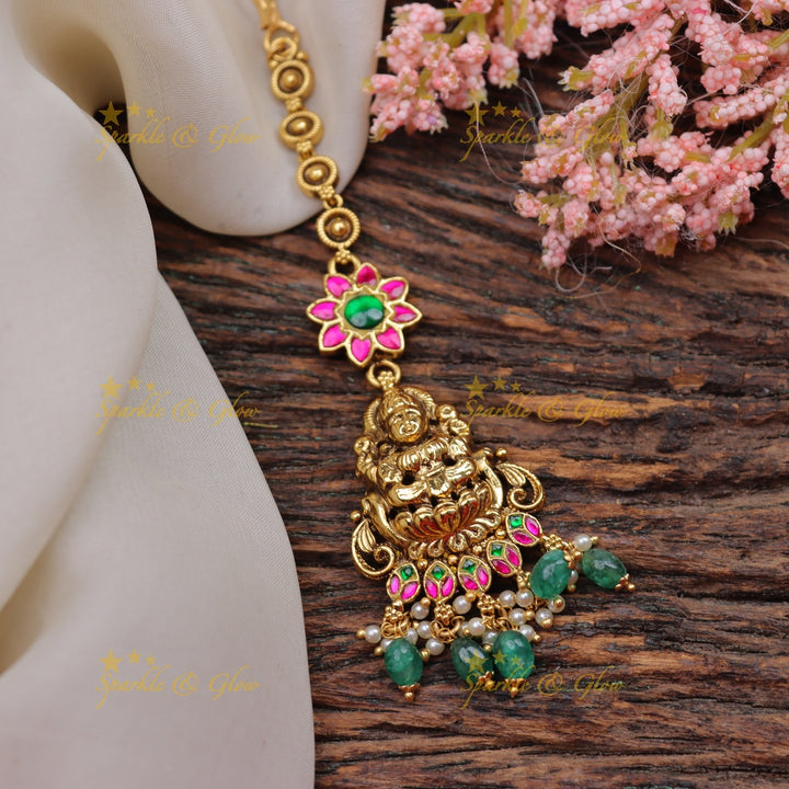 Stunning Jadau Antique Temple Maang Tikka with Goddess Lakshmi Design