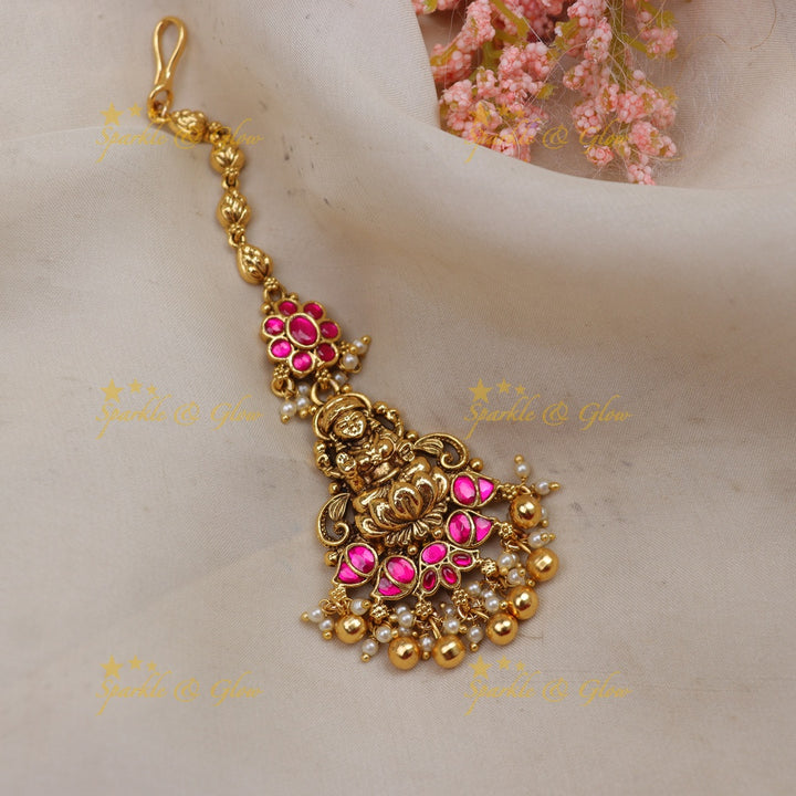 Stunning Jadau Antique Temple Maang Tikka with Kundan & Lakshmi Motif