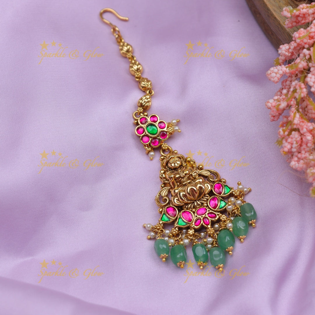 Stunning Jadau Antique Temple Maang Tikka with Kundan & Lakshmi Motif