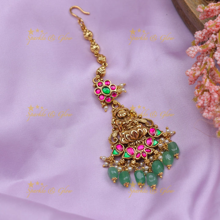 Stunning Jadau Antique Temple Maang Tikka with Kundan & Lakshmi Motif