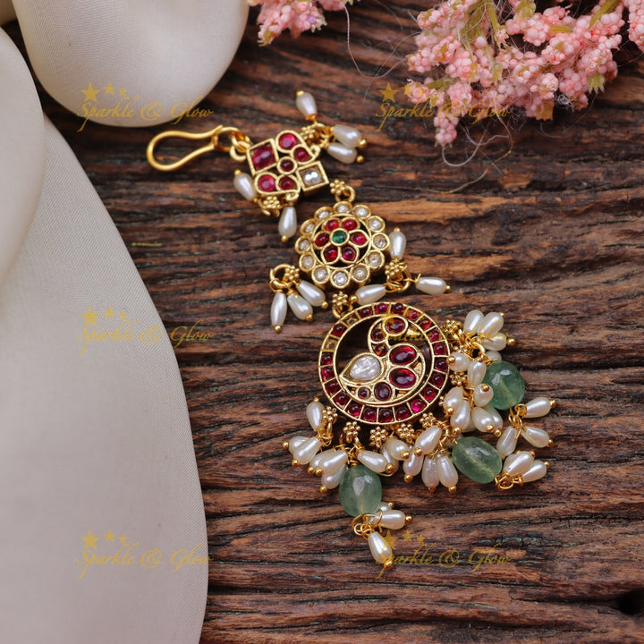 Stunning Jadau Kundan Traditional Peacock Maang Tikka with rice pearls and green beads