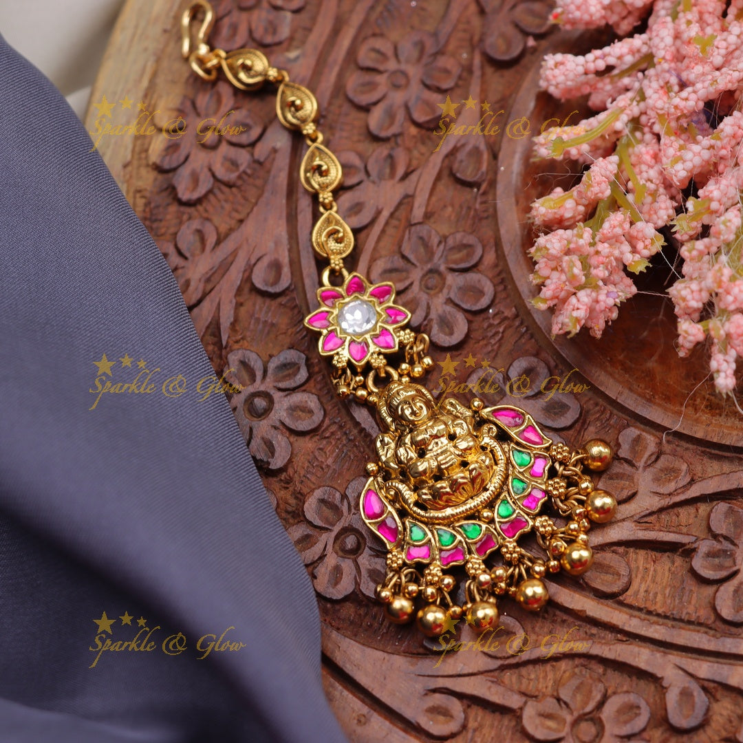Stunning Jadau Temple Maang Tikka with Lakshmi Pendant & Pink-Green Enamel Work
