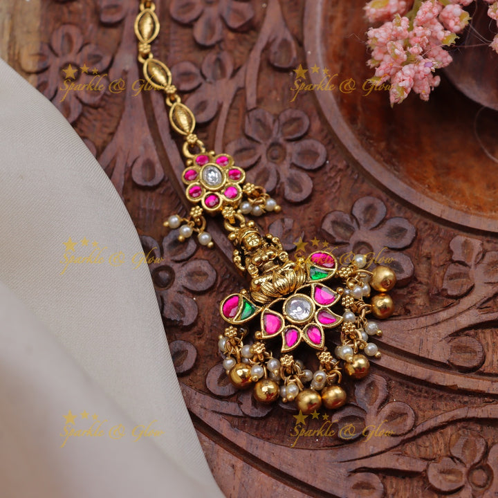 Stunning Jadau Temple Maang Tikka with Lakshmi Pendant, Kundan & Emerald Beads